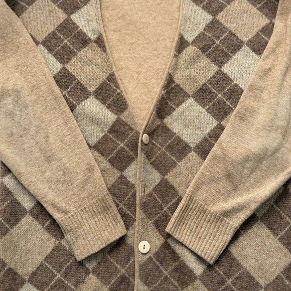 VINTAGE 70s Argyle Indie Grunge Grandpa Tan Brown Cardigan Sweater M/L - Picture 4 of 12